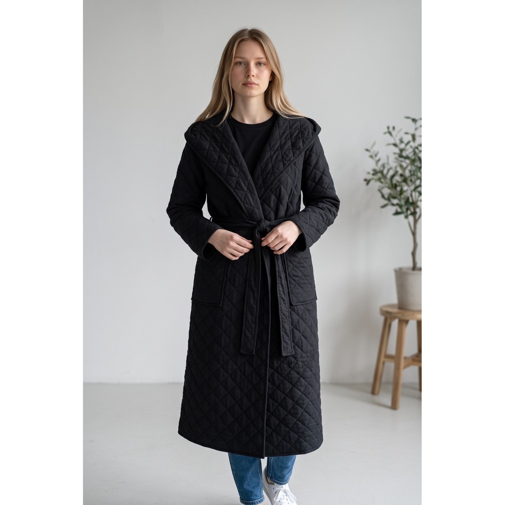 Cleobella Black Quilted Wrap Coat Jacket Longline Shawl Collar Large